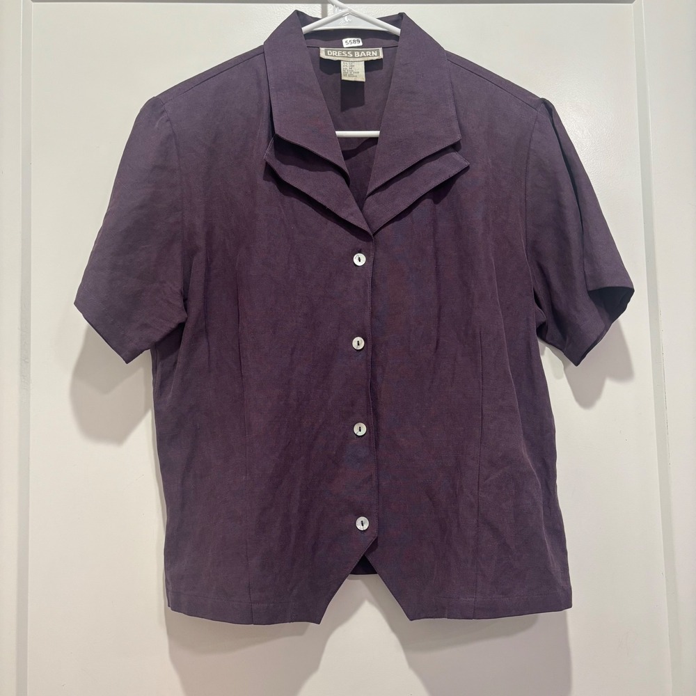 Dress Barn Womens Purple Silk Linen Blend Short Sleeve Button Down Shirt Size M
